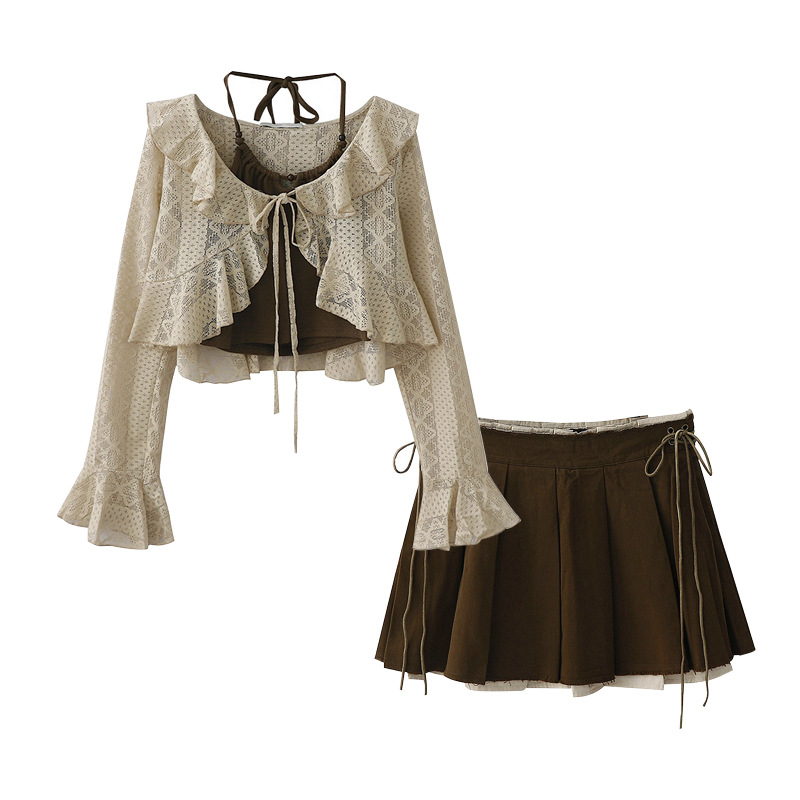 Autumn New Trendy Spice Girl Style Lace Jacket Wall-hanging Small Sling Strap Rave Pleated Skirt Three-piece Set for Women