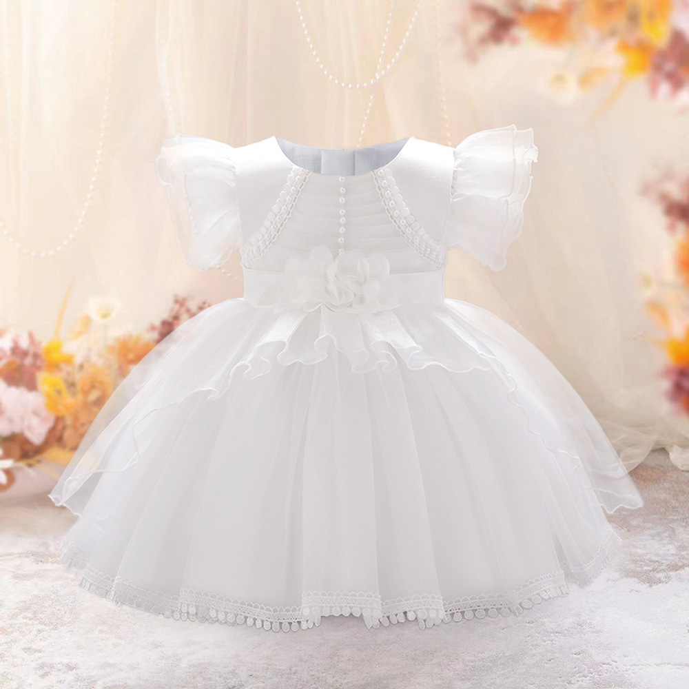 Cross-border Baby One-year-old Princess Dress Birthday Party Girls White Puffy Yarn dress Flower Girl Wedding Dress