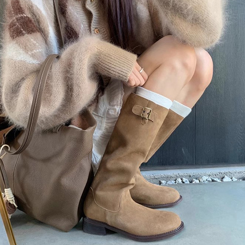 In-Stock and Ready to Ship~ Grape Mom's Same Style Melard Round-Toe Buckle Strap Chunky Heel Knee-High Boots Stacked Knight Boots