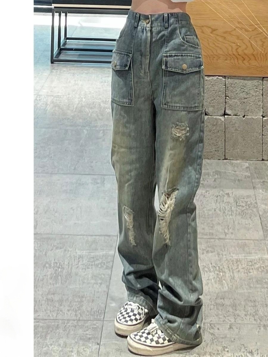 Hot Girl American Style Washed High Street Ripped Jeans Girl's Street Loose All-match Straight Leg Wide Leg Trousers National Fashion