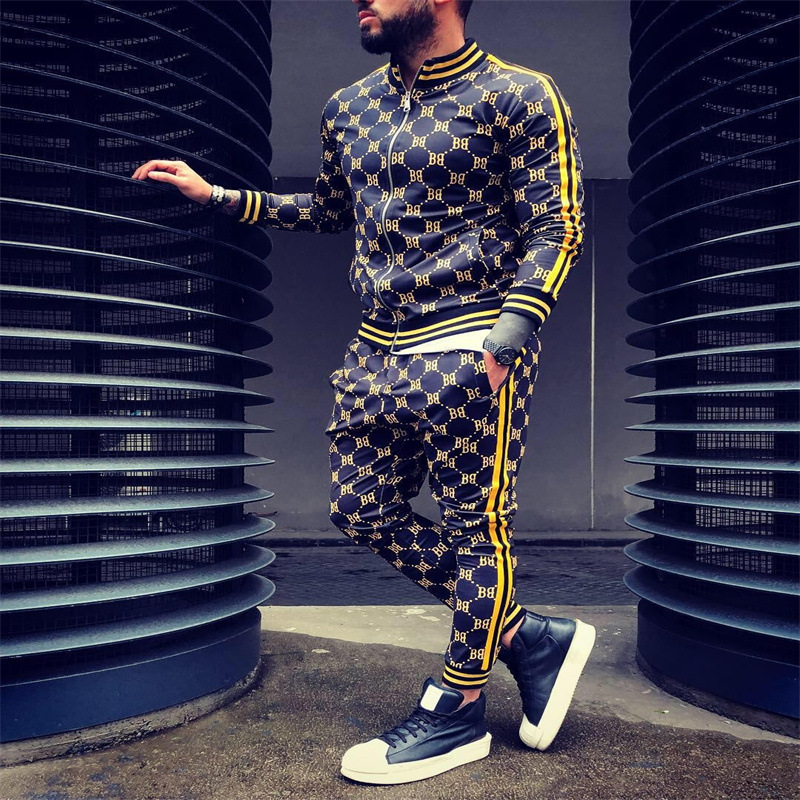 European and American Sports color matching suit strip trendy business Street slim-fit zipper cardigan casual jacket suit men's
