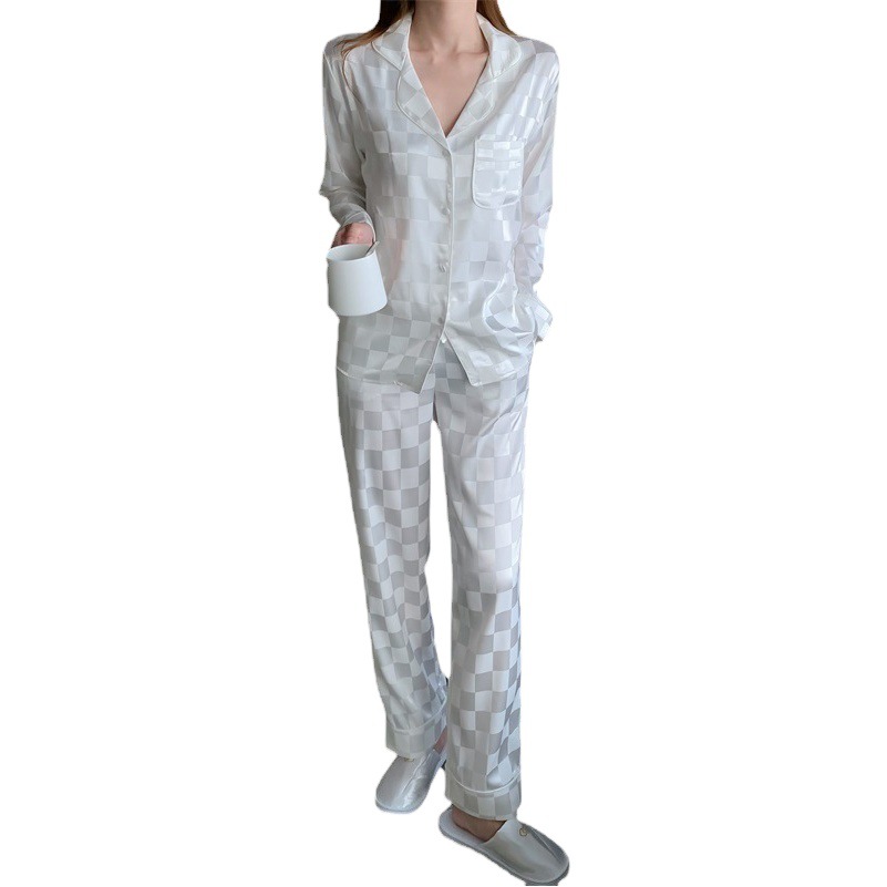 Long Sleeve two-piece artificial silk pajamas women's Korean-style loose plus size live Ice Silk ins style home wear pajamas