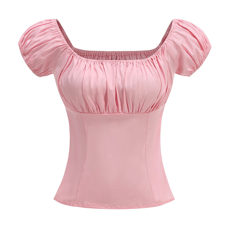 Cross-border Foreign Trade Retro Printed Shoulder Collar Sexy Short-sleeved Women's Top Plain Cotton Shoulder Shirt