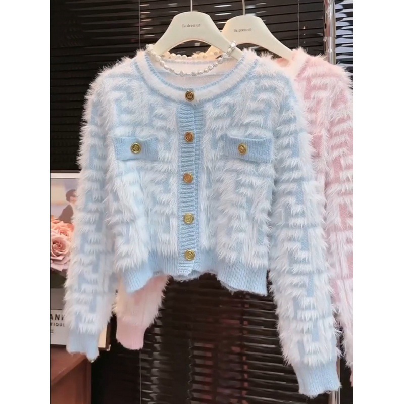 Gentle Style Imitation Mink Velvet Cardigan Sweater Women's Autumn and Winter 2023 New Style Small Short Knitted Top