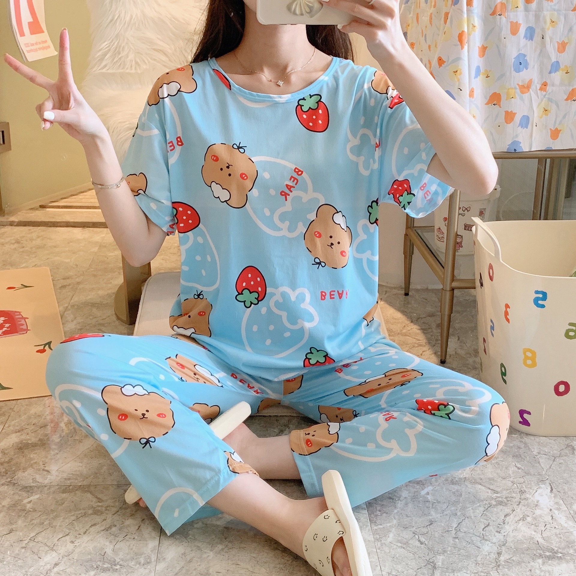 Picture of Pajamas Women's Spring and Autumn Summer Short-sleeved Trousers Large Size Loose Korean Style Fresh Cute Sweet Student Home Suit