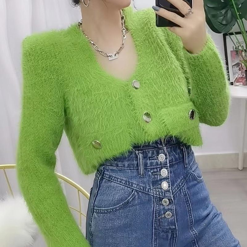 Picture of Small sweater King fashionable popular short navel sweater cardigan 2023 autumn and winter faux mink velvet top