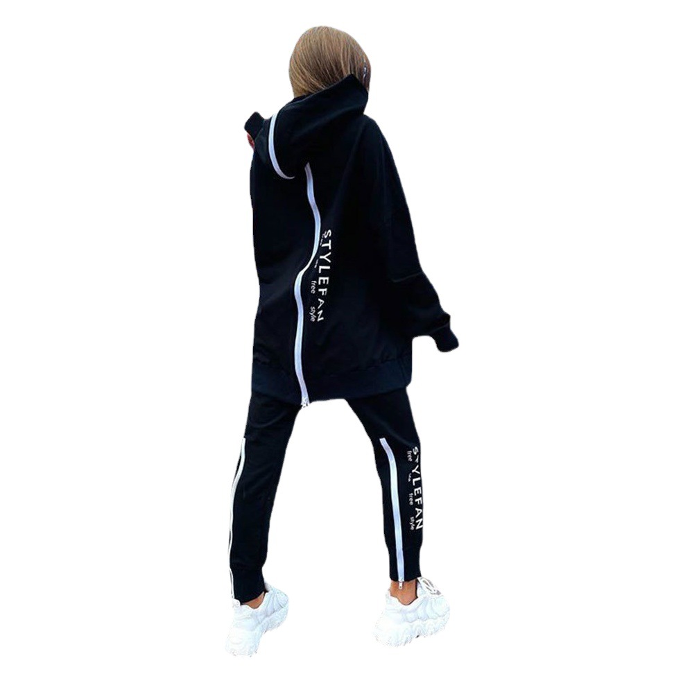 2022 European and American fashion women's suit long zipper front and rear wear letter print loose long sweater + trousers suit