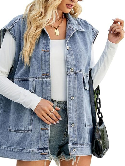 Amazon TEMU Cross Border Women's Oversized Denim Vest Mid-Length Jeans Vest Sleeveless Jacket Dressed Vest