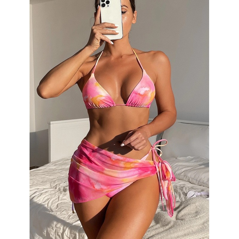2023 European and American Foreign Trade Swimsuit Women's Split Three-Piece Set Skirt Tie-Dye Ins Style AliExpress Cross-Border Bikini