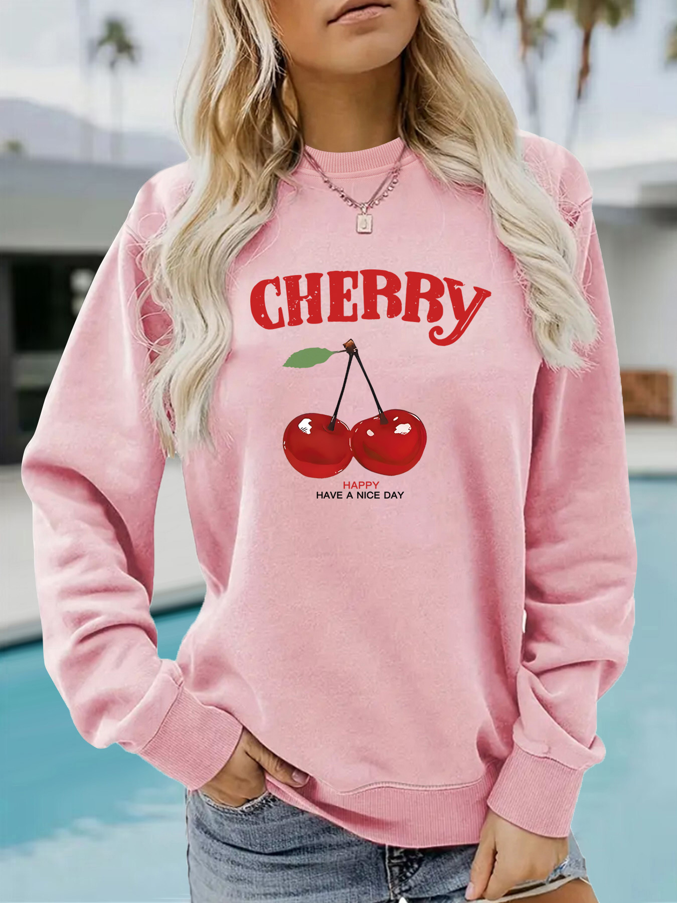 Europe and the United States cross-border autumn and winter women's casual long sleeve round neck CHERRY cherry printed pullover sweatshirt sweater sweater batch