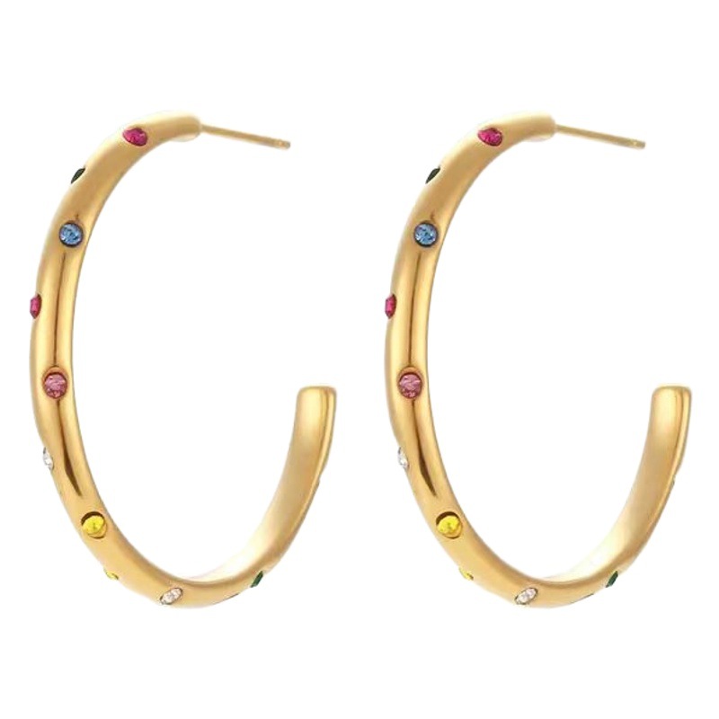 European and American fashion INS retro style 18K gold stainless steel C- type inlaid color zircon earrings White zircon earrings for women
