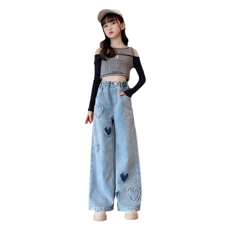 Spring Korean Style Middle and Large Girls Trousers Solid Color Princess Denim Trousers Mid-Waist Jeans Children's Wear Trousers