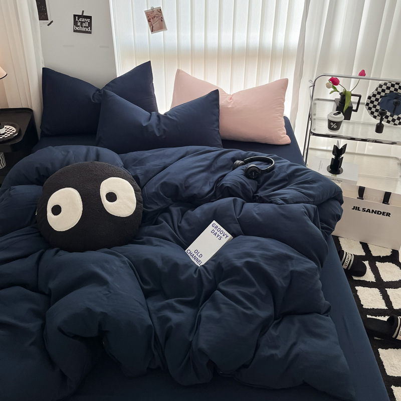 Picture of Four-piece bed set A can sleep naked wash cotton quilt cover solid color bed sheets student dormitory three-piece bed hat wholesale 4