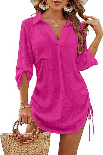 Picture of 2024 New Cross-border Amazon Independent Station Solid Color Women's Swimwear Blouse Bikini Drawstring Beach Shirt