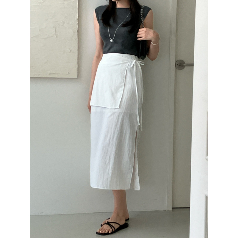 High-Waisted Skirt for Women, Chic Retro Elegant, High-End Design, Wrap Apron, Lace-Up Slit, A-Line Mid-Length Skirt