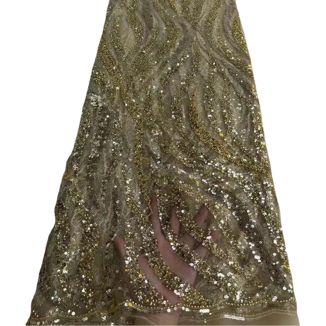 Classic Wave Stripe Bead Tube Embroidery Mesh Bottom lace Fabric Sequin Cloth Wedding Dress lace lace