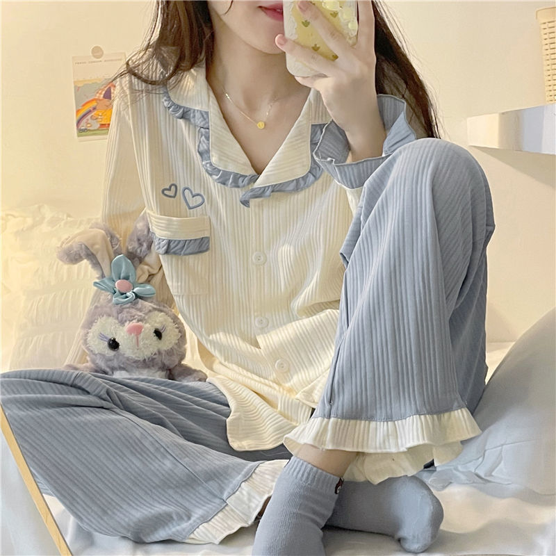 Picture of ins Cyber Celebrity Lace Long-sleeved Simple Black Spring and Autumn Long-sleeved Trousers Cardigan Pajamas Women's Sweet Loose Home Clothes