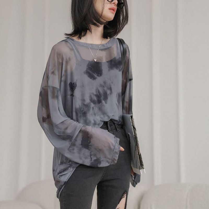 Picture of 2025 New Loose Korean Style Tie-Dye Slightly See-Through Mesh Long-Sleeved T-Shirt, Stylish Sun Protection Bottoming Shirt, Thin Top for Women