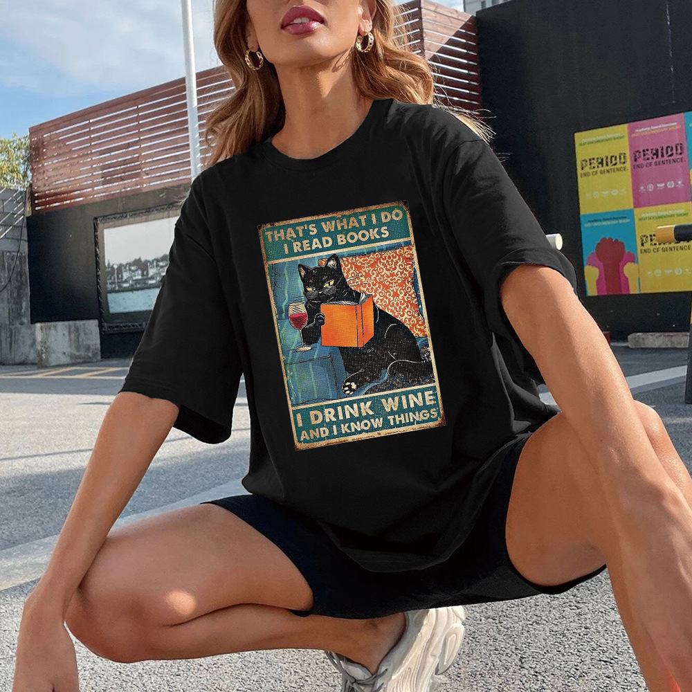 AliExpress Cross-border New Shoulder T-shirt Loose That's who I do Meow Pattern Ladies T-shirt