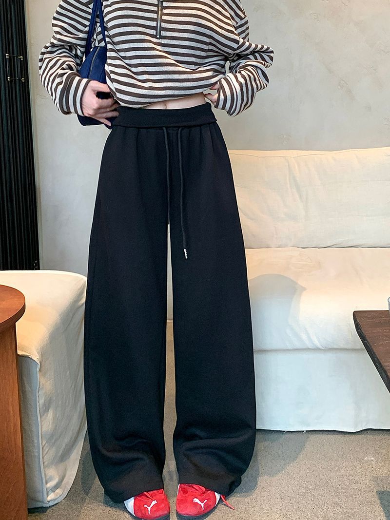 Gray sweatpants women's autumn women's 2025 new high-waisted drape straight sweatpants ribbed waist American wide-leg pants