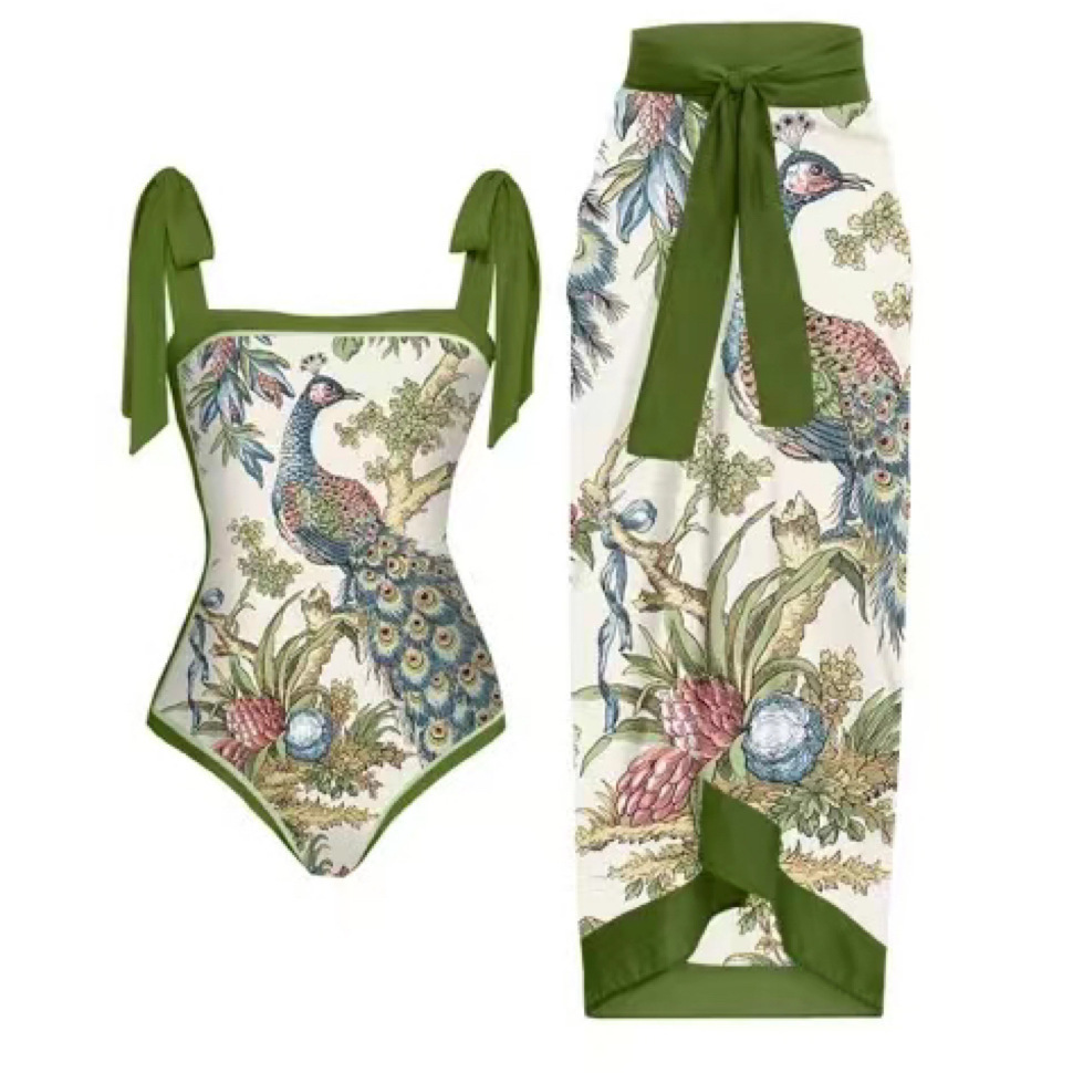 2024 European and American New Amazon Aliexpress Printed One-Piece Swimsuit Women's Peacock Strap Vacation Beach Bikini