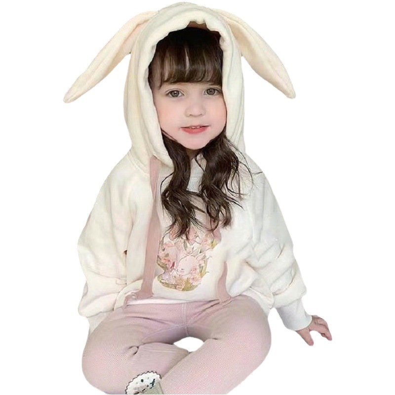 Girls Suit Cartoon Rabbit Ears Printed Fleece Thick Sweatshirt Plus Pants 25 Autumn and Winter Clothing New Export Children's Clothing