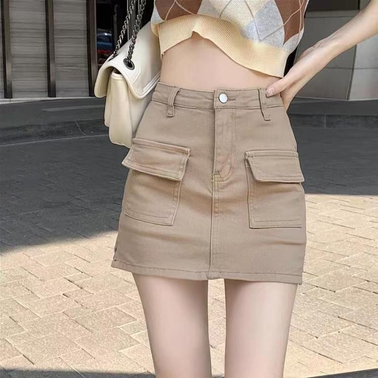 khaki Denim Short Skirt Women's 2024 Autumn New Spice Girl Fit Slim-fit Skirt High Waist Slim A- line Skirt