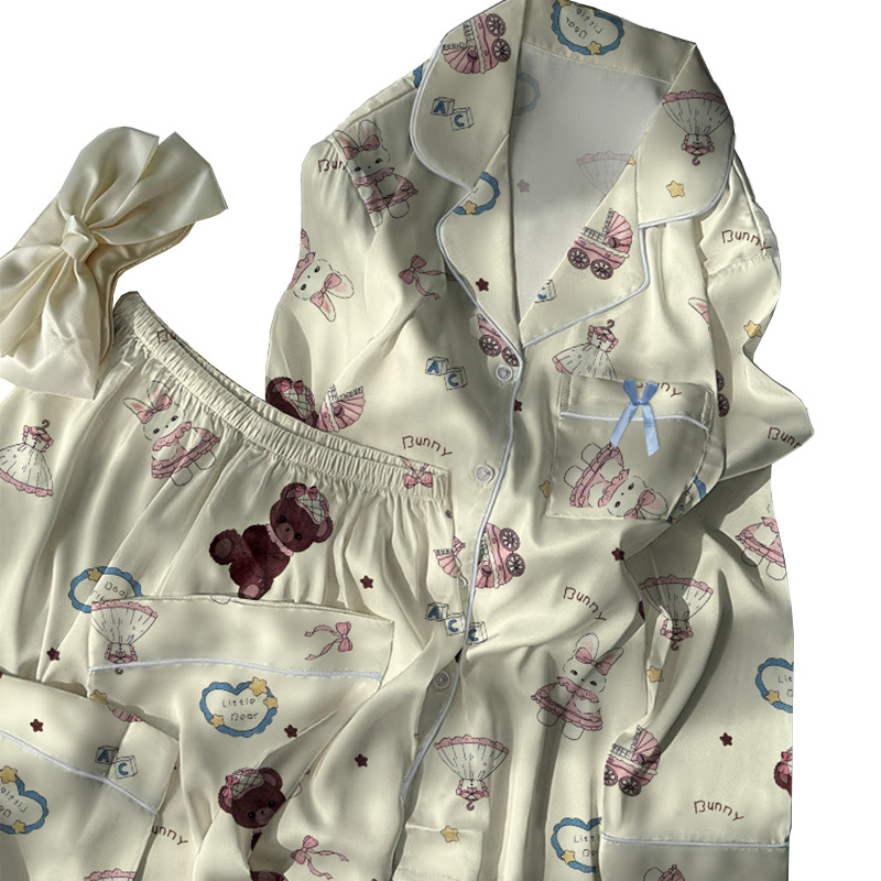 Picture of Ice Silk Pajamas Women's Spring and Autumn New Girly Cartoon Printed Long Sleeve Silk Thin Home Clothes Real Shot Wholesale