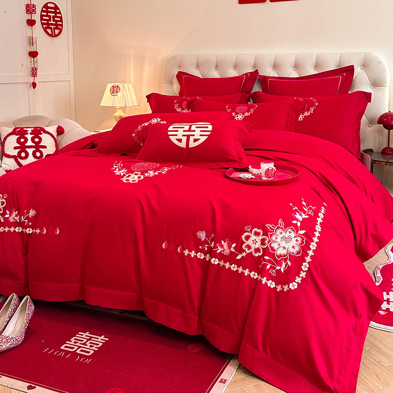 Picture of High-end European-style Wedding Four-piece Cotton Big Red Embroidered Sanding Quilt Cover Wedding Bedding Accompanying Wedding Room