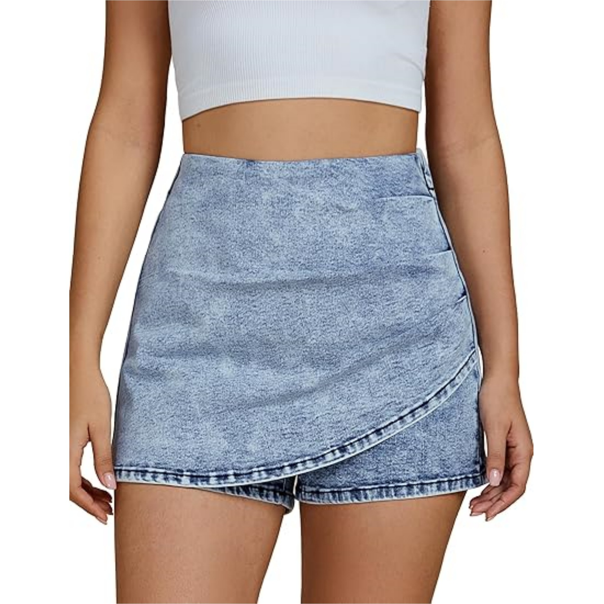 Cross-Border Foreign Trade Women's Clothing 2025 Denim High-Waisted Fashionable Casual Stretch Denim Skirt Paired with Shorts Asymmetrical Wrap-Around