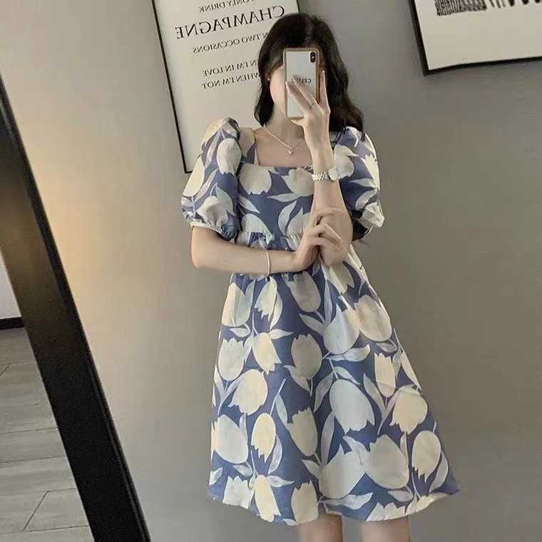 French Style 2023 Summer New Arrival Fashionable Mid-length High-end Printed Puff Sleeve All-match Dress for Women