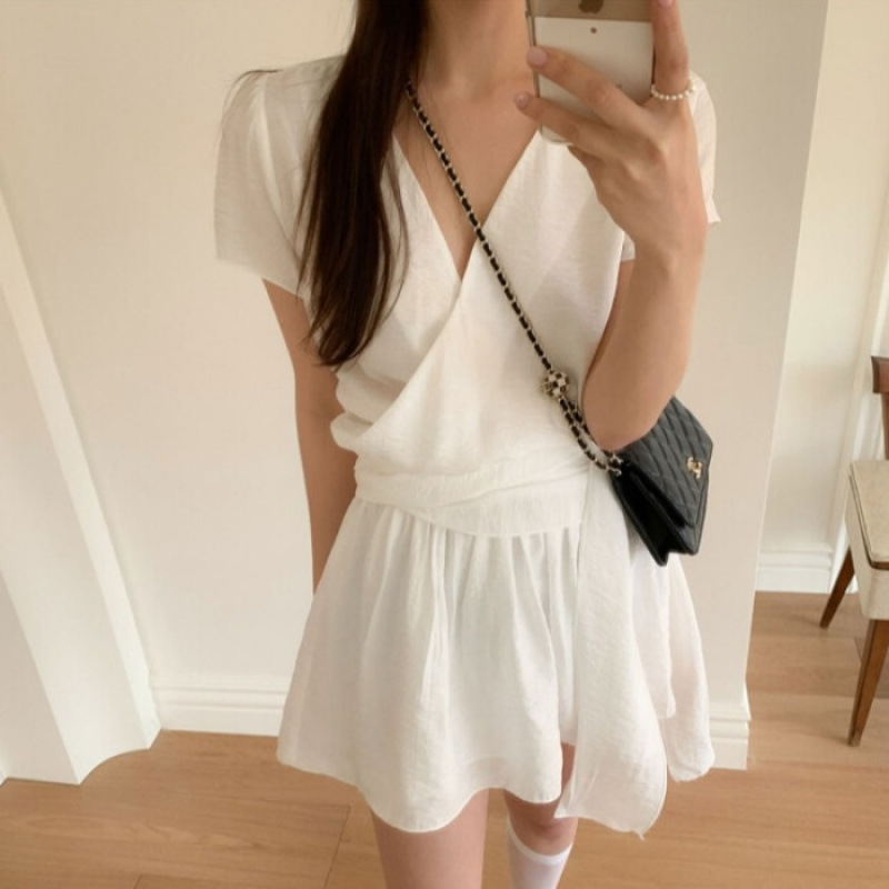 Chic Korean Summer French Cross V Neck Elegant Sweet Strappy Waist Slimming Look Chiffon Dress