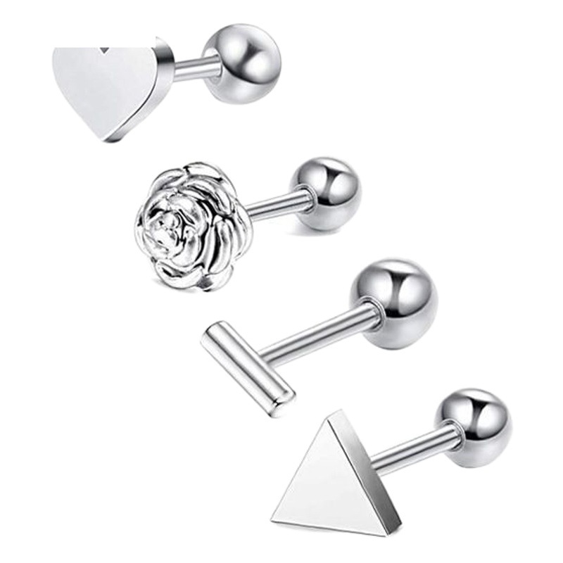 Picture of 5-Piece Set of Amazon Geometric Stainless Steel Zircon Earrings Cross-Border European and American Piercing Jewelry Silver Twisted Tooth Earrings