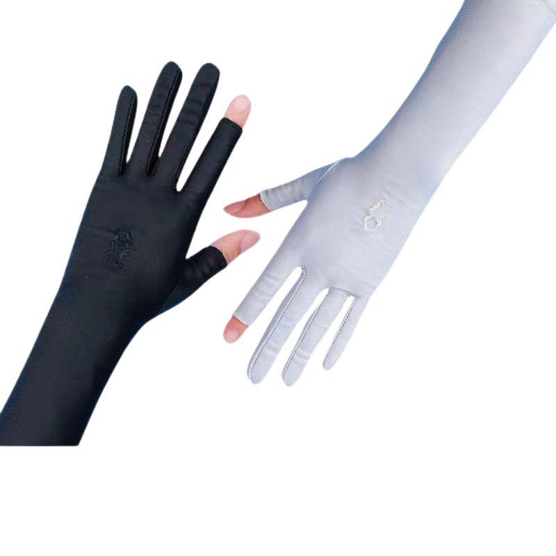 Ice silk sunscreen gloves women's mid-length driving armguard sleeves anti-ultraviolet cycling sports simple loose non-slip