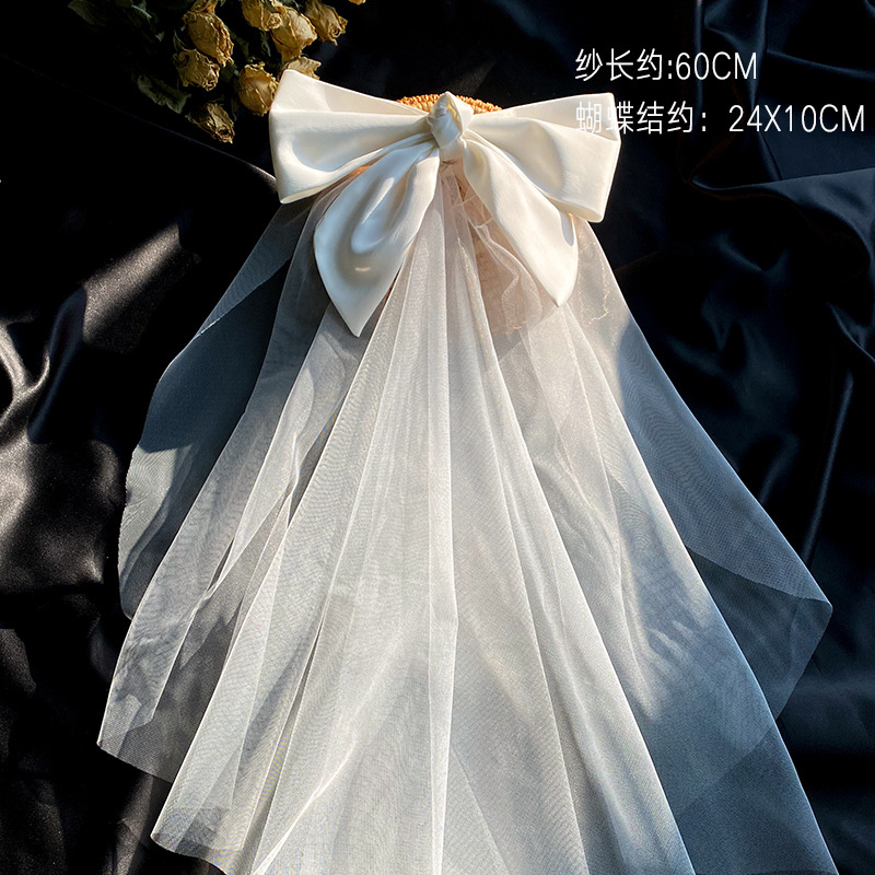 Picture of 2024 New Arrival Bow Veil Super Fairy Wedding Travel Photo White Satin Mesh Hairpin Bridal Hair Accessories