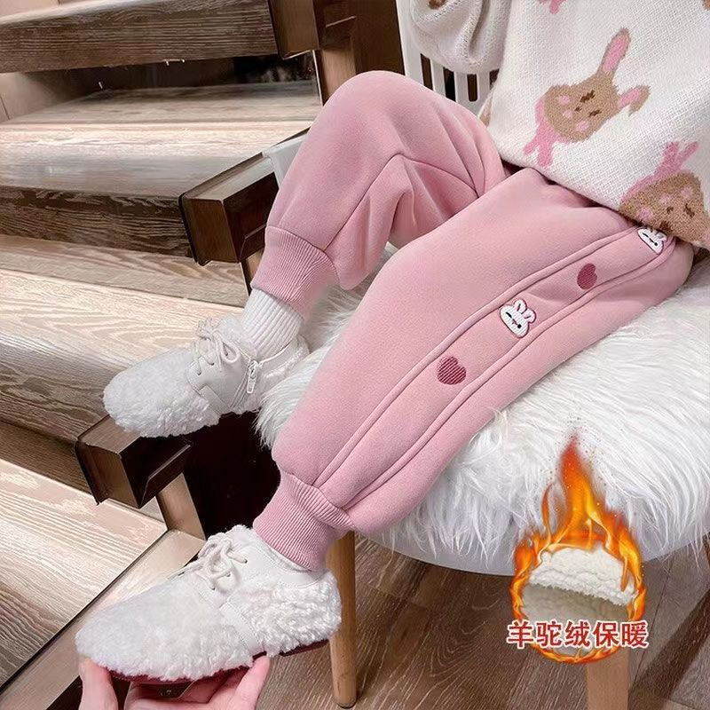 Children's Thickened Casual Pants 2025 Winter New Style One-Piece Velvet Children's Pants Cartoon Splicing Sports Pants Korean Style Harem Pants