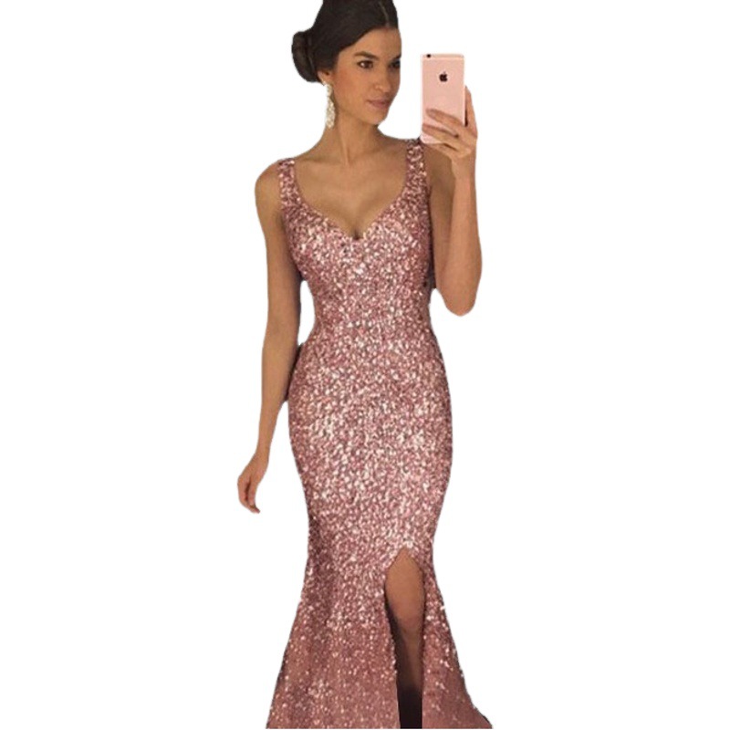 2025 European and American Export New Women's Clothing Wish Dunhuang Sexy Deep V Suspender Dress Slim Sequined Slim Long Skirt
