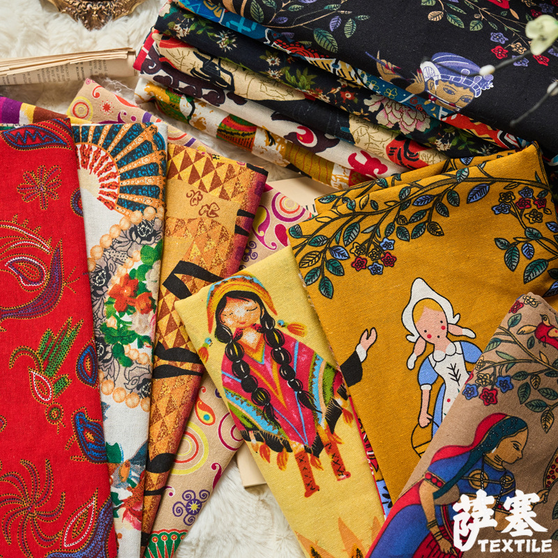 Hemp Cotton Digital Printing Fabric Ethnic Style Retro Style Bohemian Fabric Hotel Pillow Bar Tablecloth