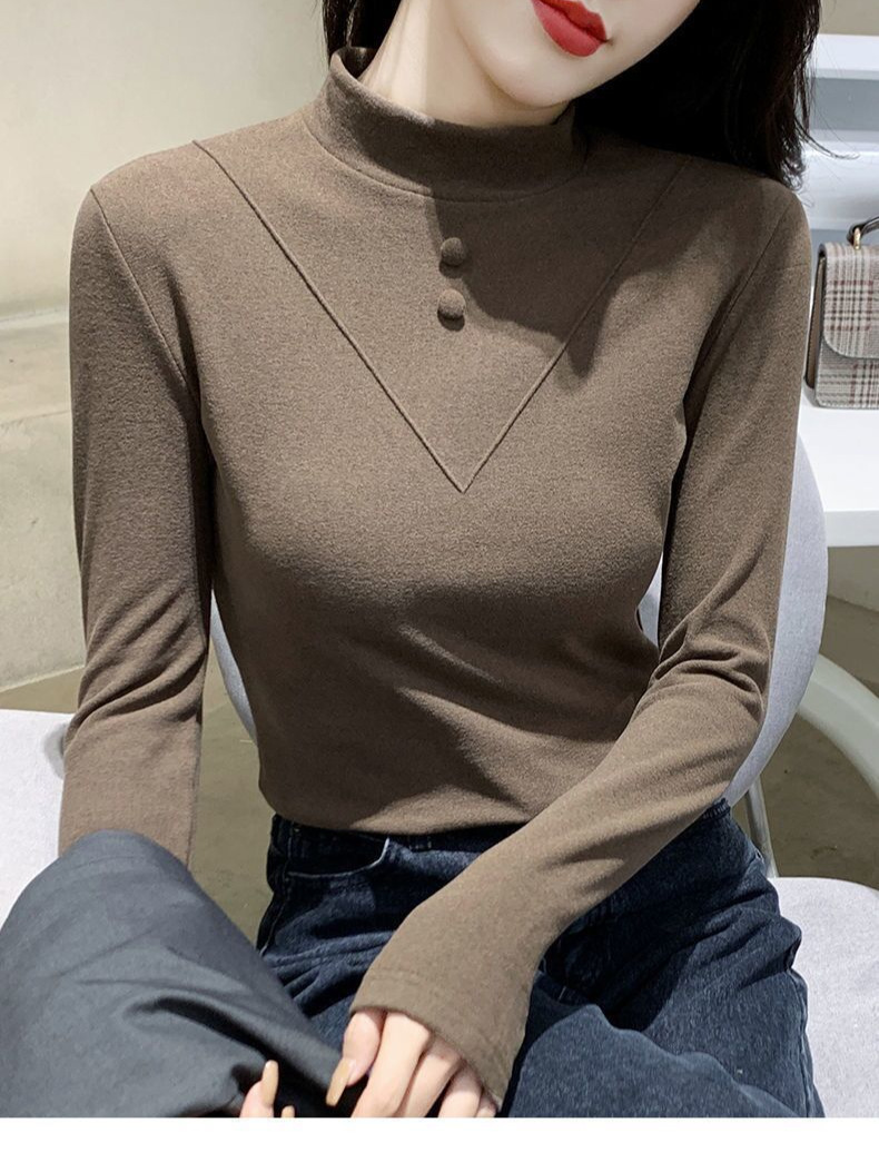 Picture of 1*1 Threaded Double-sided Velvet New Half-high Collar Women's Long-sleeved Top Autumn and Winter Slim-fit Inner Brushed Warm Shirt
