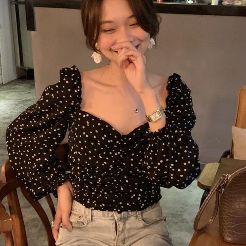 Square Collar Short Floral Chiffon Shirt for Women Spring and Summer New Retro Slim Fit Hot Girl Puff Sleeve Long-Sleeved Top