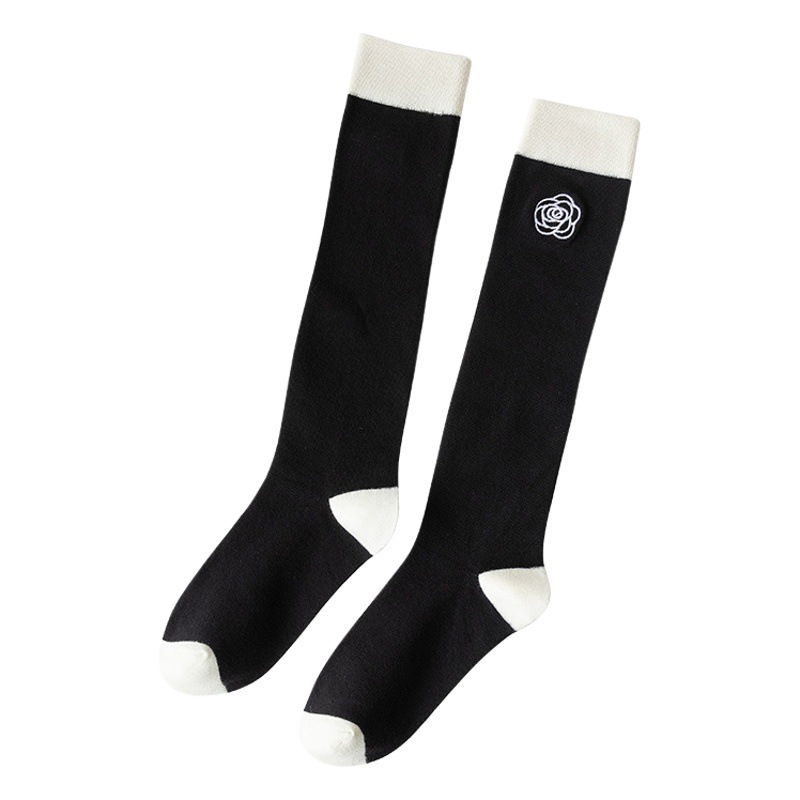 Black and White Contrast Socks Women's Mid-length Socks Spring and Autumn Ins Trendy Embroidered Camellia Japanese Cotton Calf Stockings