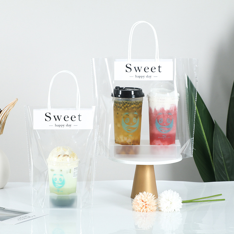 Milk tea bag packing bag double cup bag transparent with cup holder single cup disposable take-out packaging bag with fixed logo