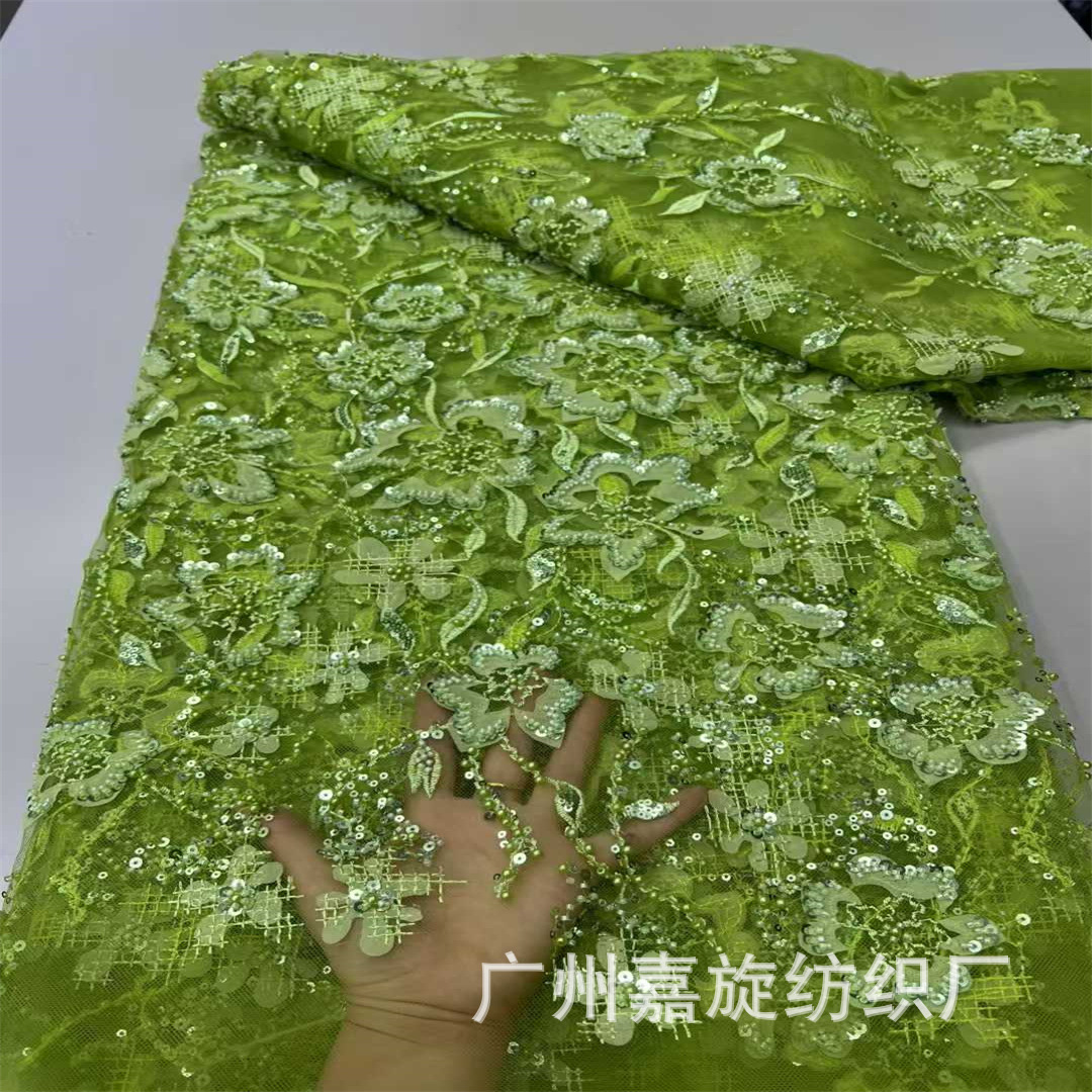 Picture of 2025 New Laser Floral Mesh Yarn Bead Tube Embroidery 3D Applique Pearl Sequin Embroidery Fashion Lace Fabric Beaded