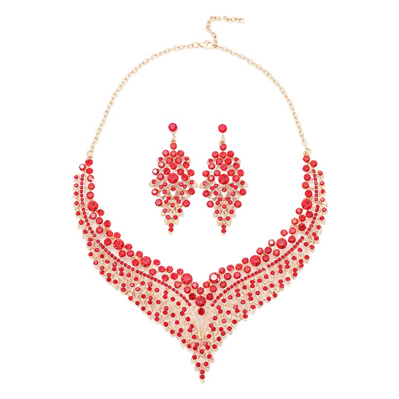 Alloy Clavicle Chain Court Temperament European and American Retro Exaggerated Temperament Crystal Gem Short Necklace Earrings Set Dinner Party
