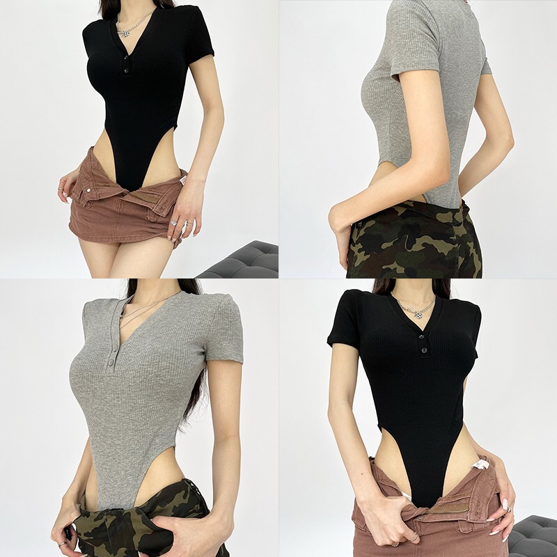 Retro button V-neck thread short sleeve waist-tight one-piece T-shirt sexy hot girl heart machine one-piece bottoming shirt top cross-border