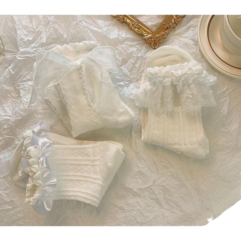 Lolita white bow lace mid-calf women's socks summer thin Japanese college style sweet lace jk Princess socks