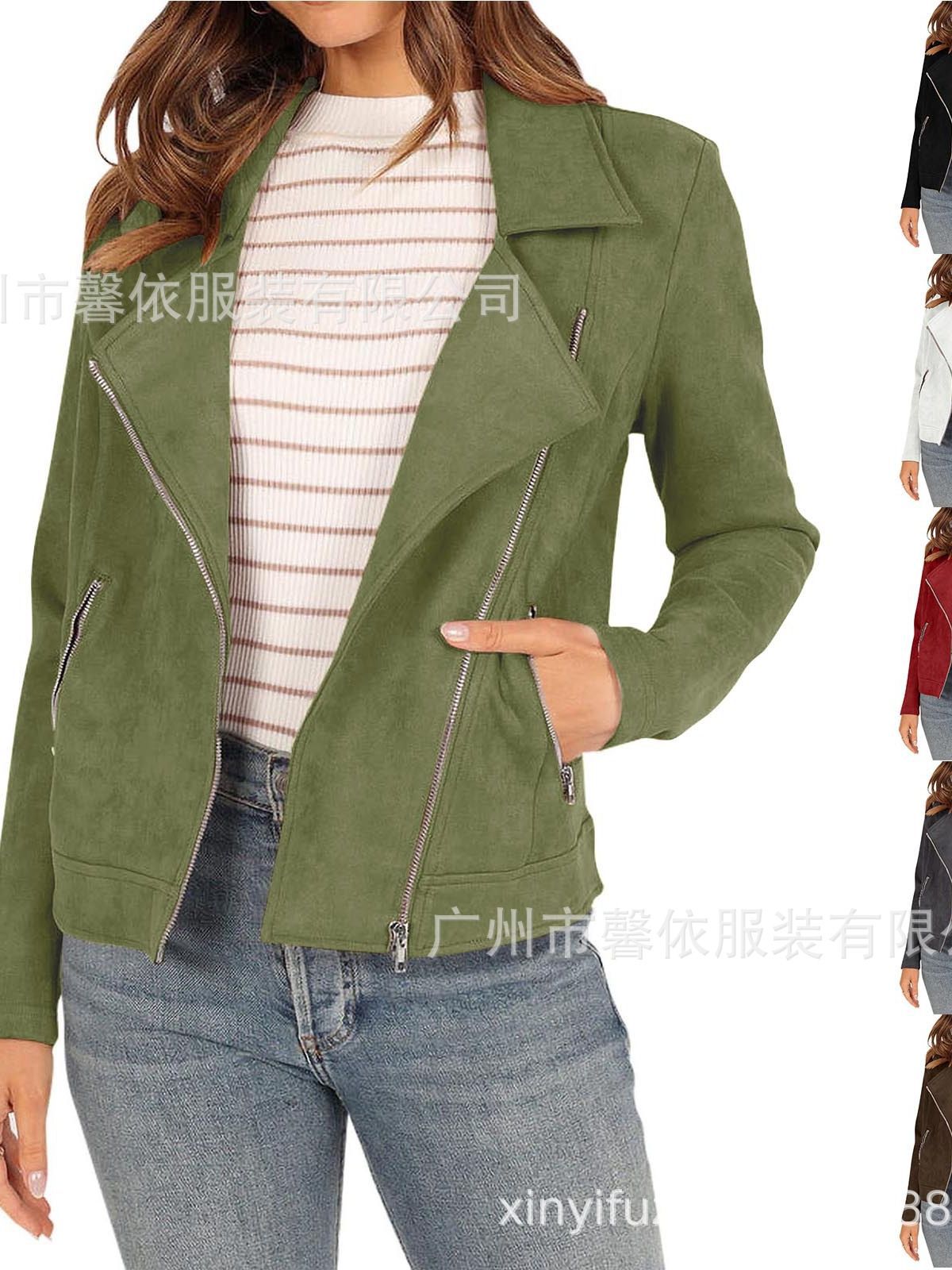 2023 Amazon AliExpress fashion solid color autumn faux suede motorcycle jacket fashion short coat