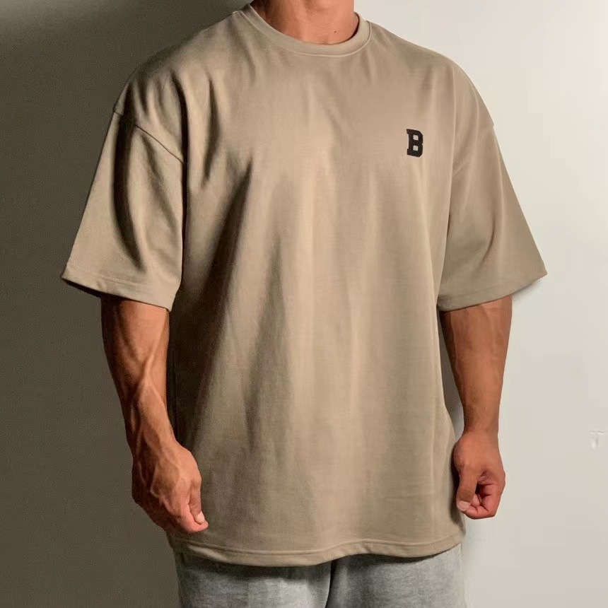 Summer Short-sleeved Men's Sports Fitness Training Clothing Casual plus size Loose T-shirt Shoulder Heavy-weight Cotton Short-sleeved T-shirt