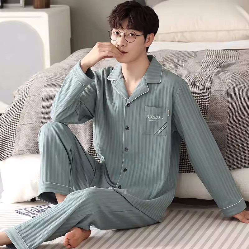 Men's Pajamas Long-sleeved Autumn Cotton Cardigan Lapel Loose plus size Youth Men's Home Clothes suit Spring and Autumn