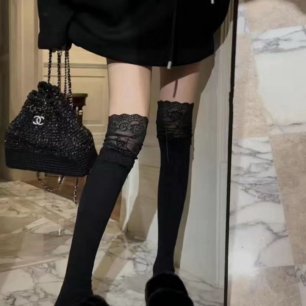 Lace Stockings Over the Knee Long Boots Autumn and Winter Pure Desire Style White Japanese Style Internet Celebrous JK Black and White Lace Hare Socks for Women